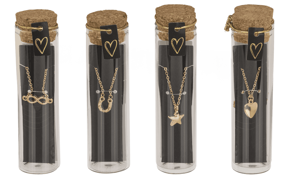 Necklace in glass bottle with corc lid,