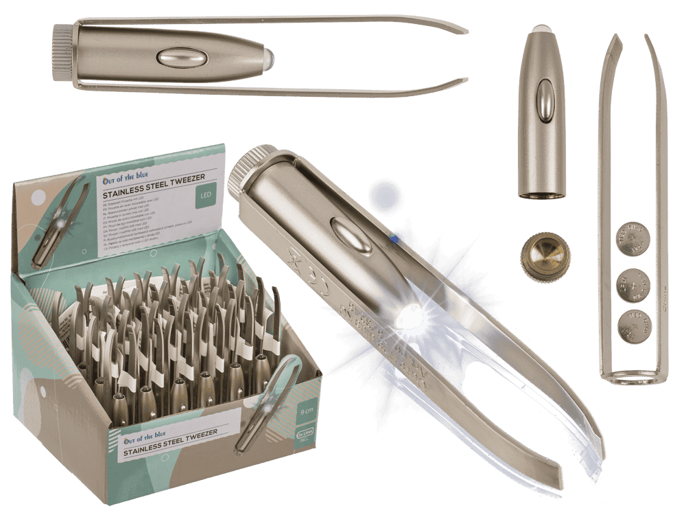 76-3246_000.png Roestvrijstalen pincet met LED-verlichting, 9 cm, 24 stuks in displaydoos. Inclusief batterijen.