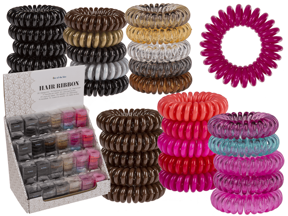 76-3332_000.png Set van 5 plastic haarbanden in 6 kleuren, verpakt in een PET-doos, met 24 stuks per display.