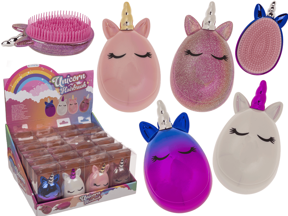 76-3336_000.png Kleurige unicorn haarborstels in PET doos, 11,5 x 6,5 cm, 4 kleuren, 24 stuks per display.