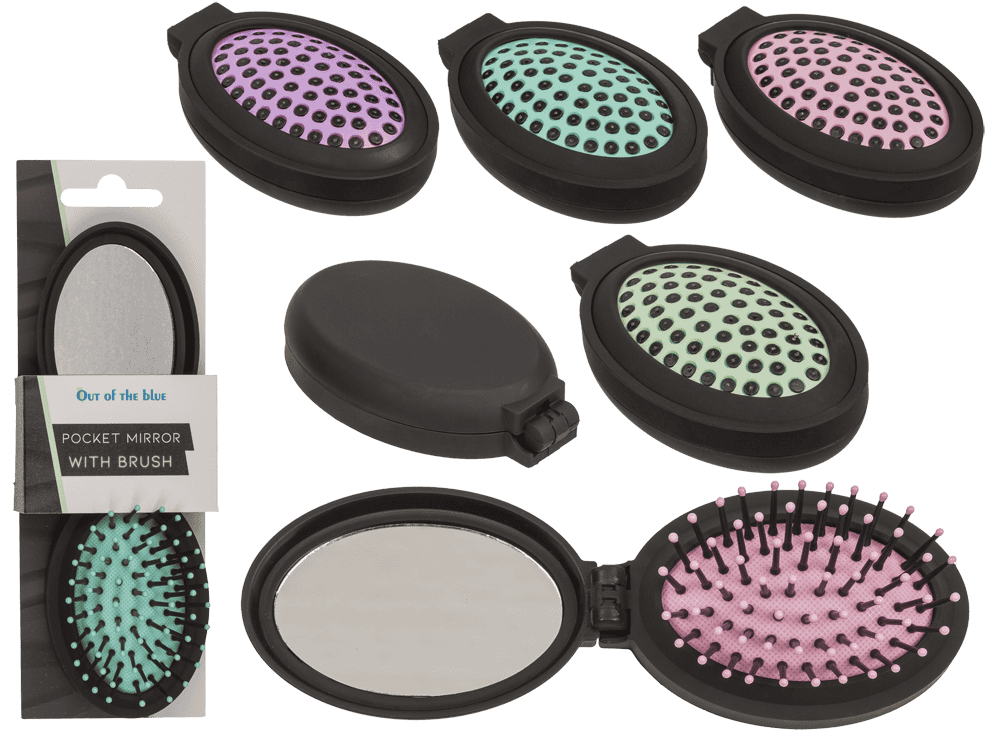 Folding pocket mirror with hair brush,