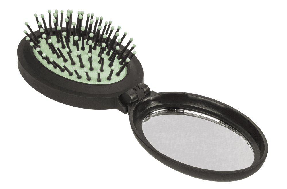 Folding pocket mirror with hair brush,