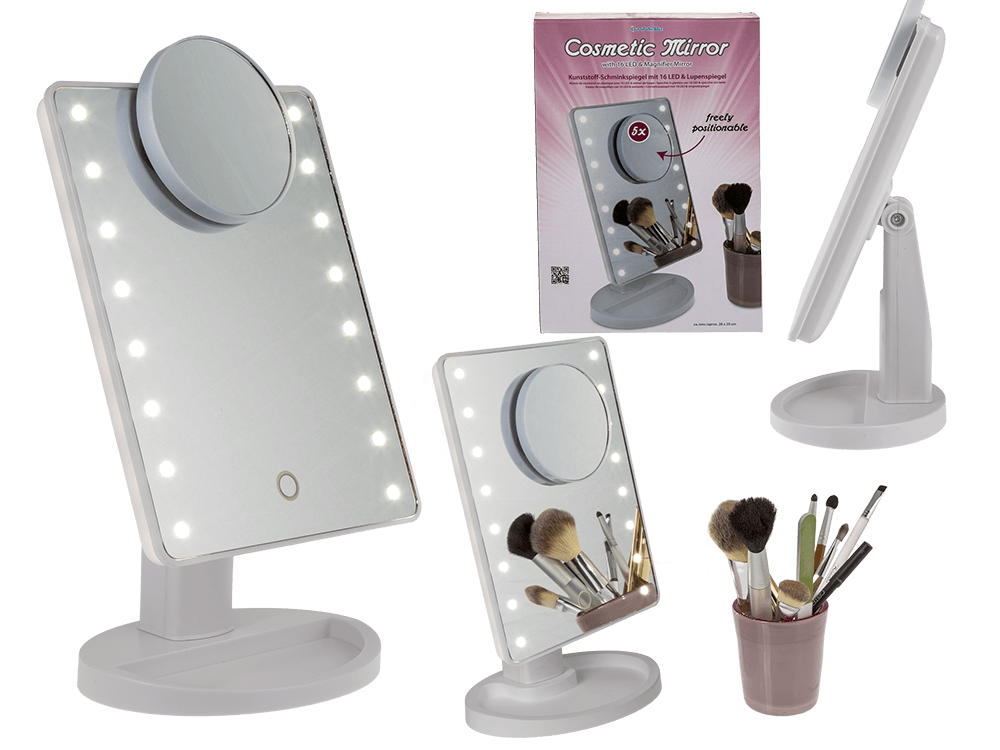 Cosmetische spiegel met 16 LED-lampen en vergrotende spiegel, ca. 28 x 20 cm, inclusief cadeauverpakking.