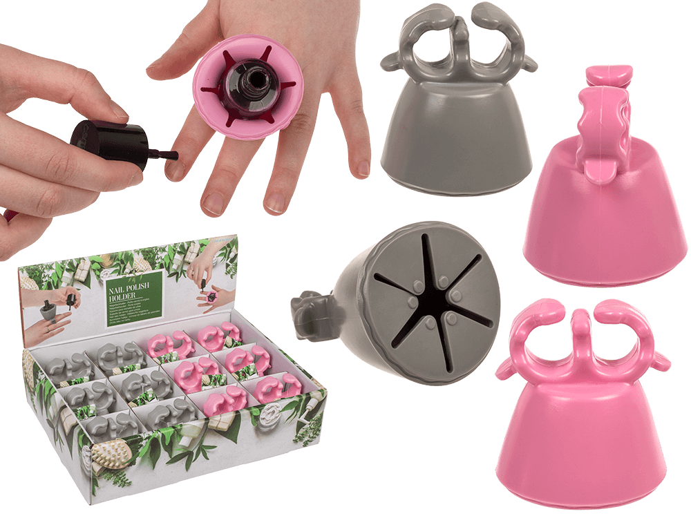 Nail polish houder in grijs en roze, 5,2 x 5,5 cm, 12 stuks per display, ideaal voor manicure.
