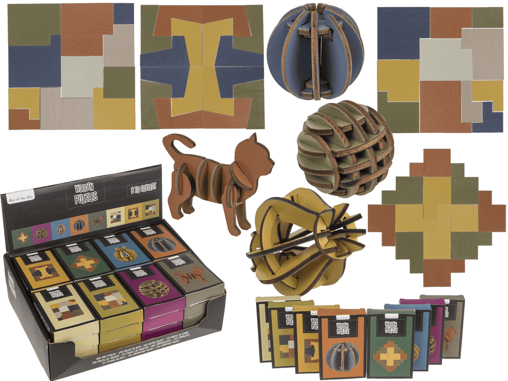 76-5717_000.png Houten puzzels in een matchbox, 8 verschillende ontwerpen, 32 stuks per display, kleurrijke stukken en vormen.