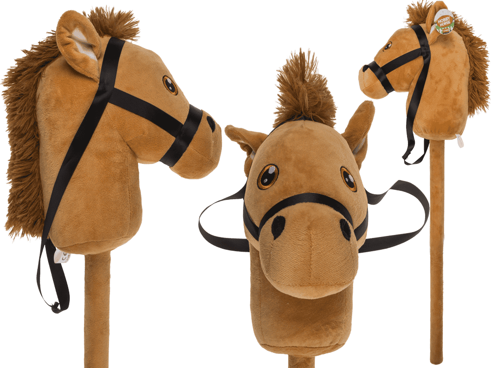 76-6193_000.png Bruine hobbypaard van 75 cm met een hangtag, zachte vacht en zwarte teugels, ideaal voor buiten spelen.
