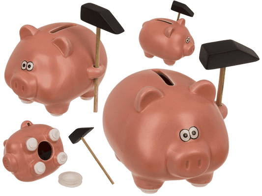 Hucha, cerdo cómico con martillo