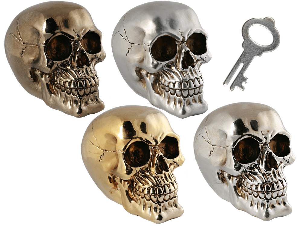 Polyresin savings box with lock, Skull,