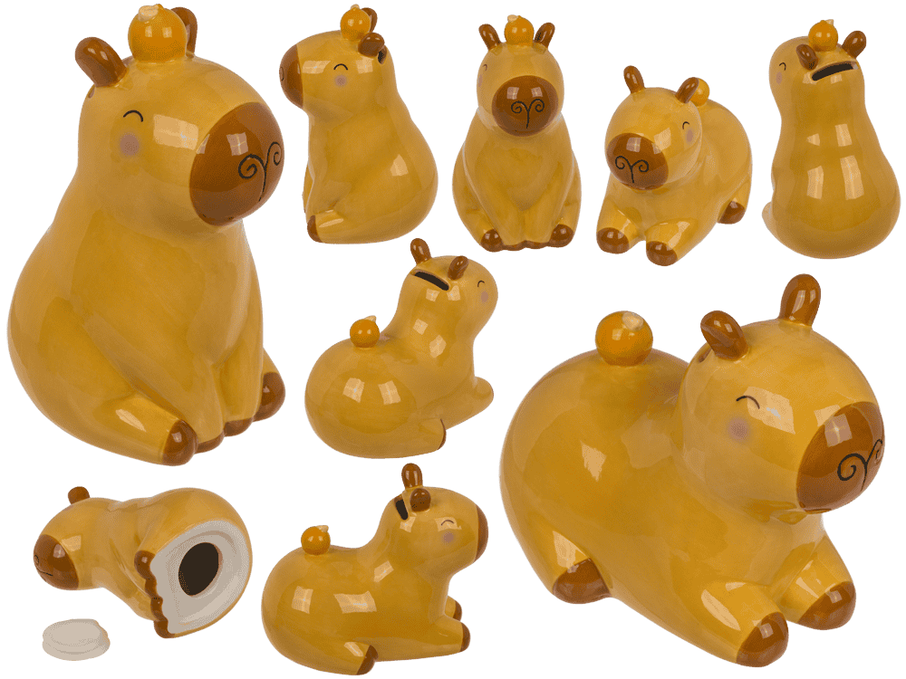 78-4117_000.png Spaarpot in de vorm van capybaras, gemaakt van dolomiet, met stopper, in een bruine doos.