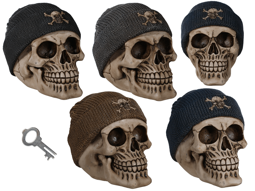 Polyresin savings bank, Skull with fishers hat,
