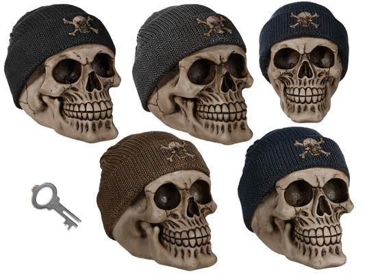 Polyresin savings bank, Skull with fishers hat,