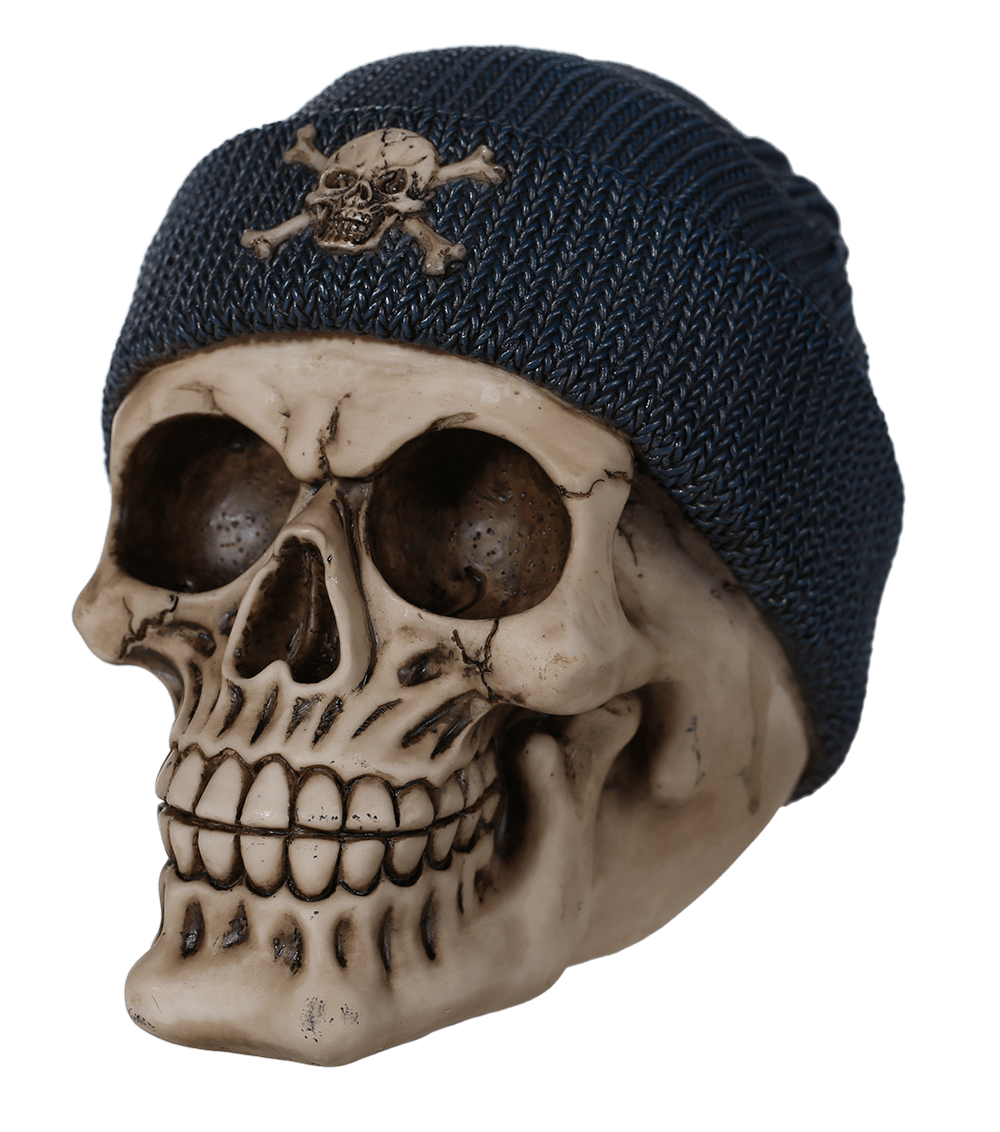 Polyresin savings bank, Skull with fishers hat,