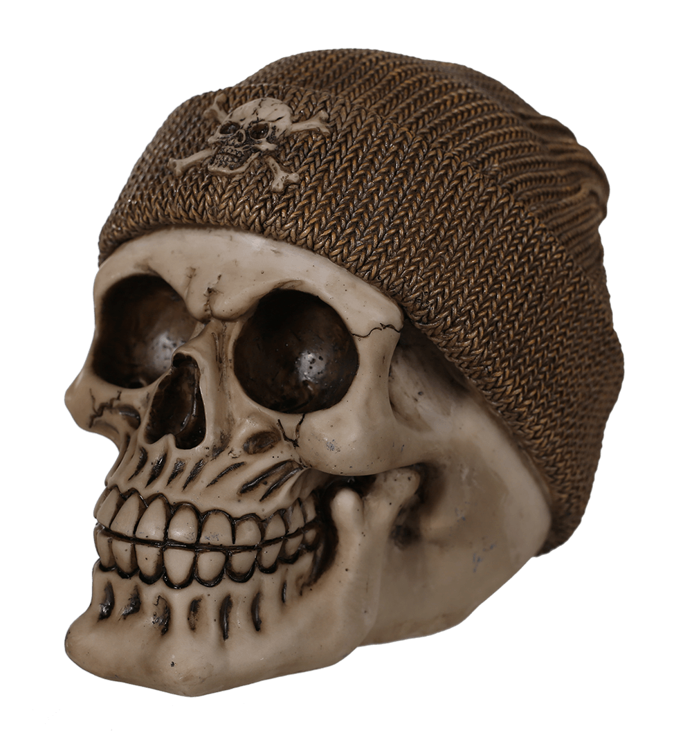 Polyresin savings bank, Skull with fishers hat,