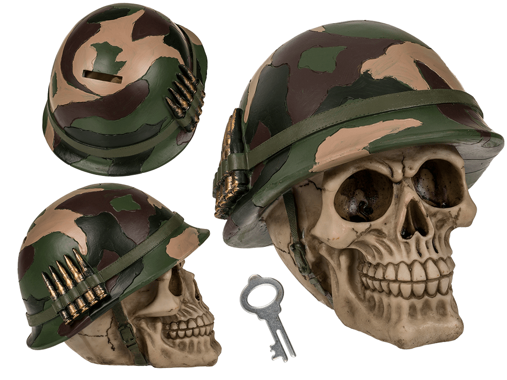 78-5759_000.png Polyresin spaarpot in de vorm van een schedel met legerhelm en kogels, afmetingen ca. 15 x 14 cm, inclusief sleutel.