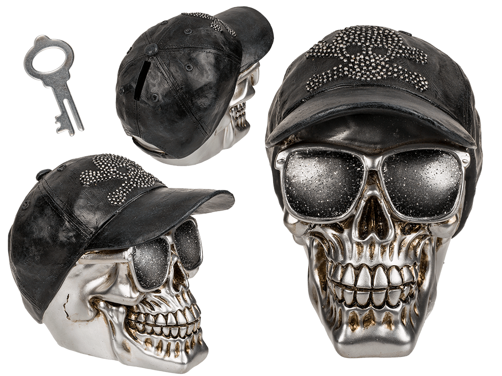 Savings bank with lock, Skull with basecap,