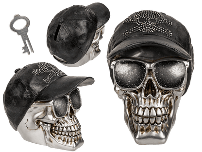 Savings bank with lock, Skull with basecap,