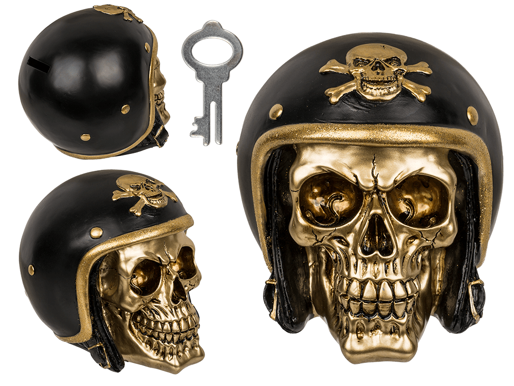 Savings bank with lock, Skull with bike helmet,