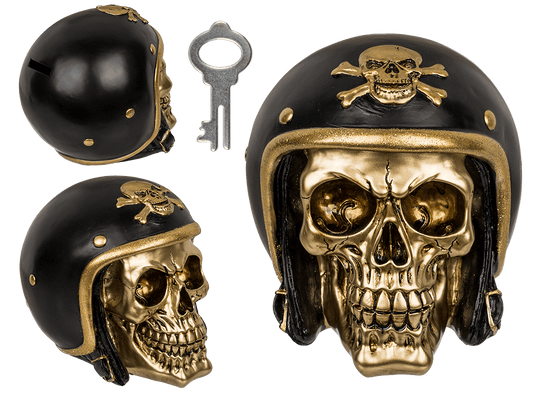 Savings bank with lock, Skull with bike helmet,