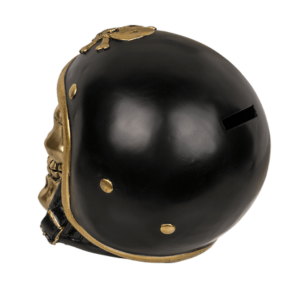 Savings bank with lock, Skull with bike helmet,