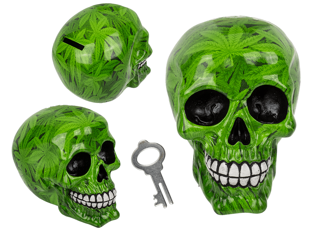 Savings bank with lock, Skull with leaves,