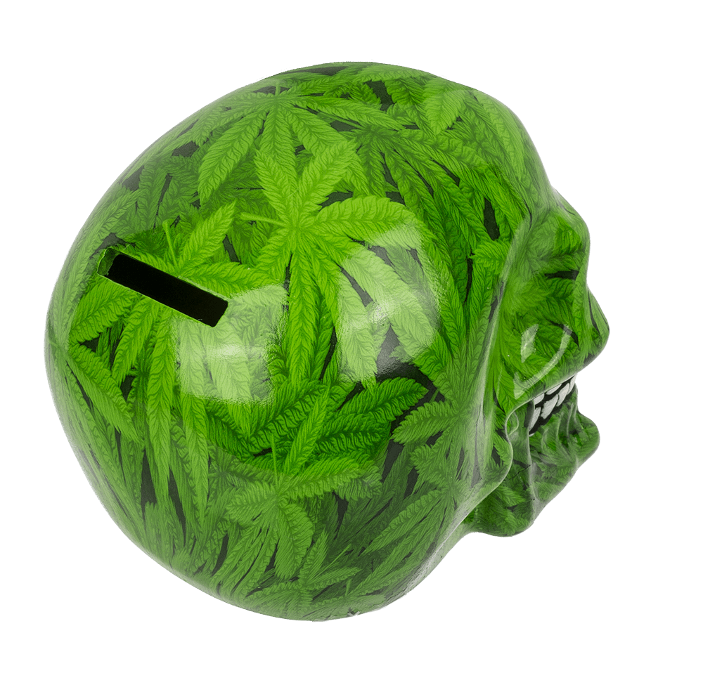 Savings bank with lock, Skull with leaves,