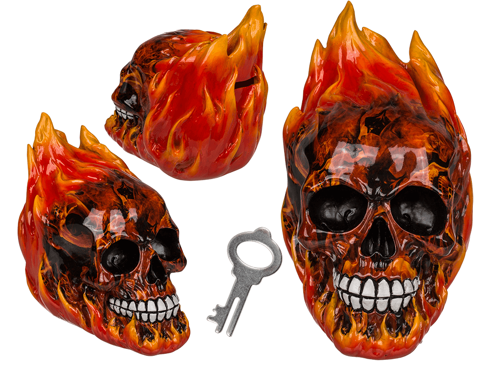 Savings bank with lock, Skull with leaves,