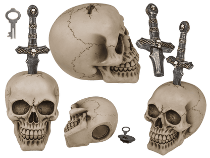 Saving bank with lock, Skull with blade,