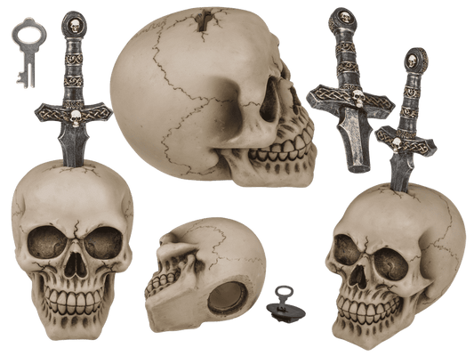 Saving bank with lock, Skull with blade,