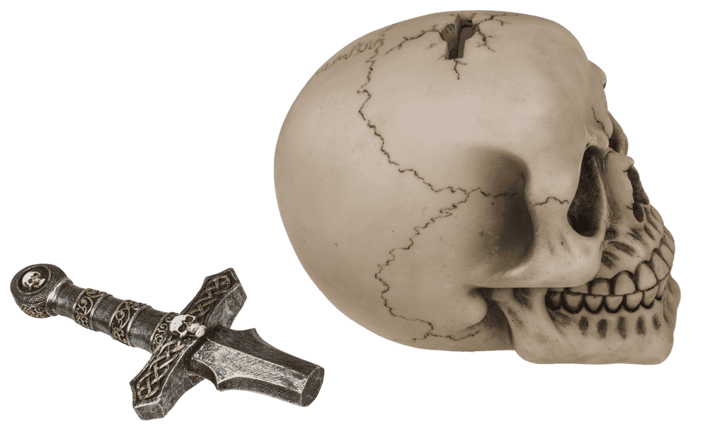 Saving bank with lock, Skull with blade,
