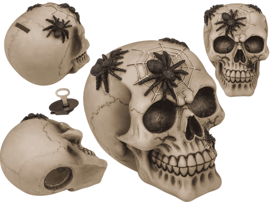 Saving bank with lock, skull with spiders,