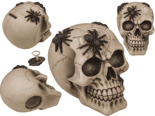 Saving bank with lock, skull with spiders,