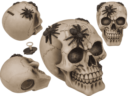Saving bank with lock, skull with spiders,
