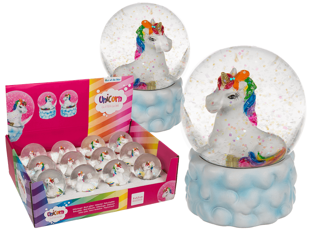 Polyresin glitter globe, Lying unicorn on cloud,