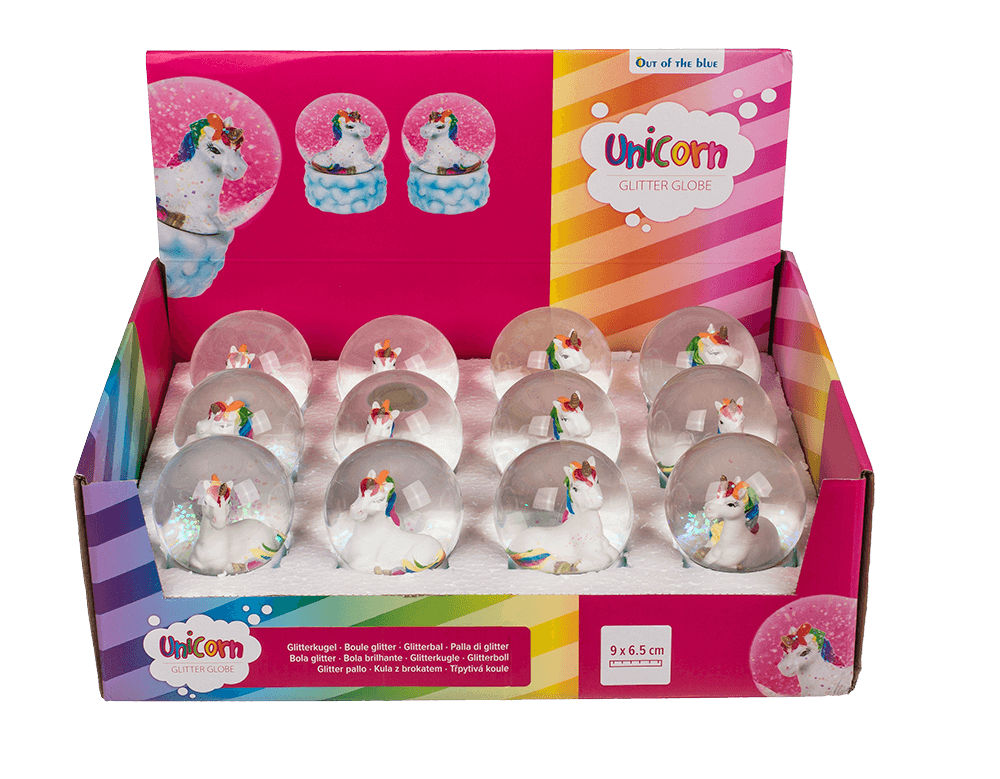 Polyresin glitter globe, Lying unicorn on cloud,