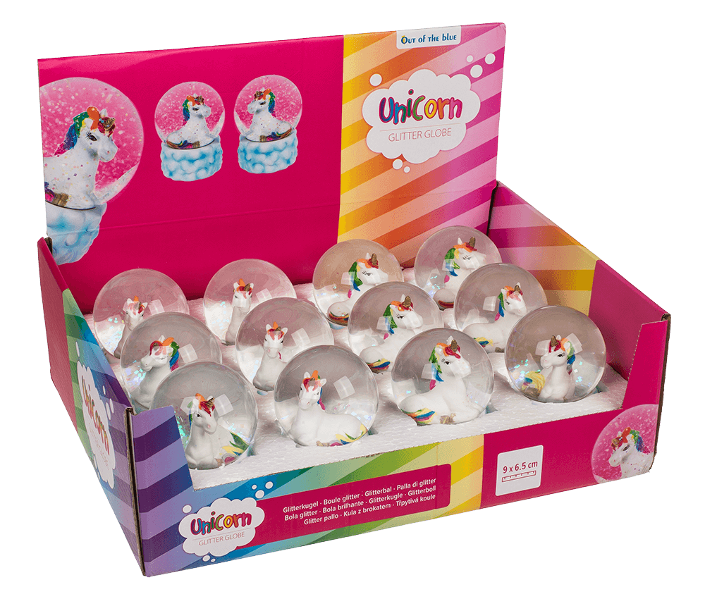 Polyresin glitter globe, Lying unicorn on cloud,