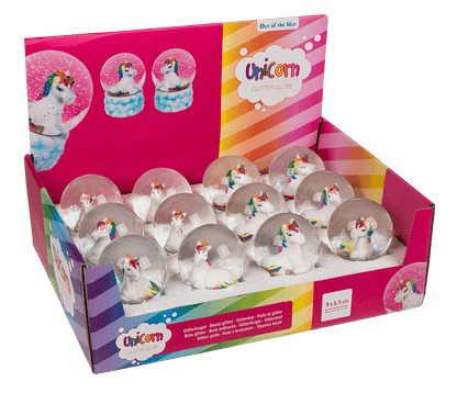 Polyresin glitter globe, Lying unicorn on cloud,