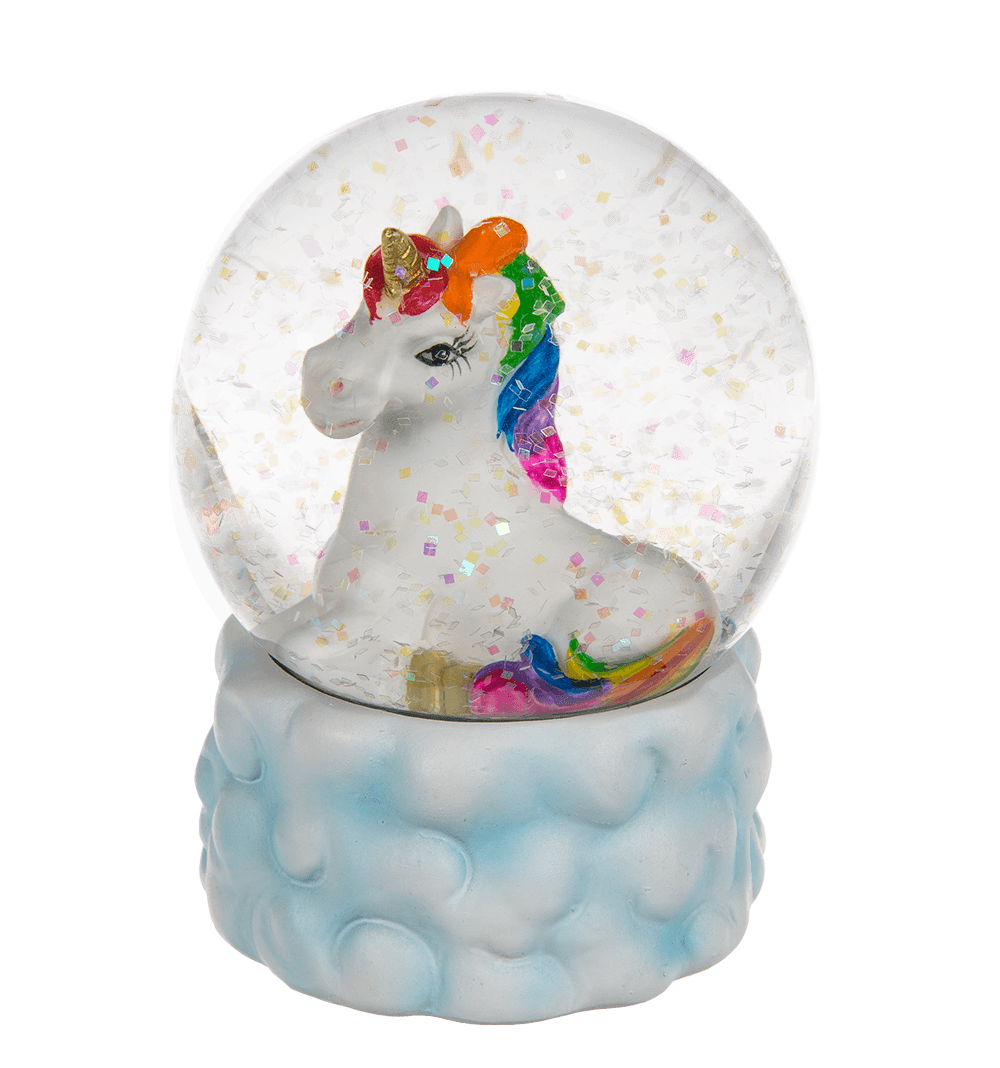 Polyresin glitter globe, Lying unicorn on cloud,