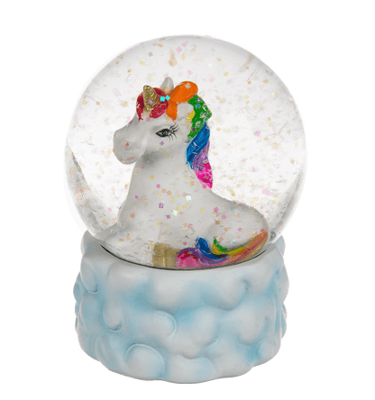 Polyresin glitter globe, Lying unicorn on cloud,
