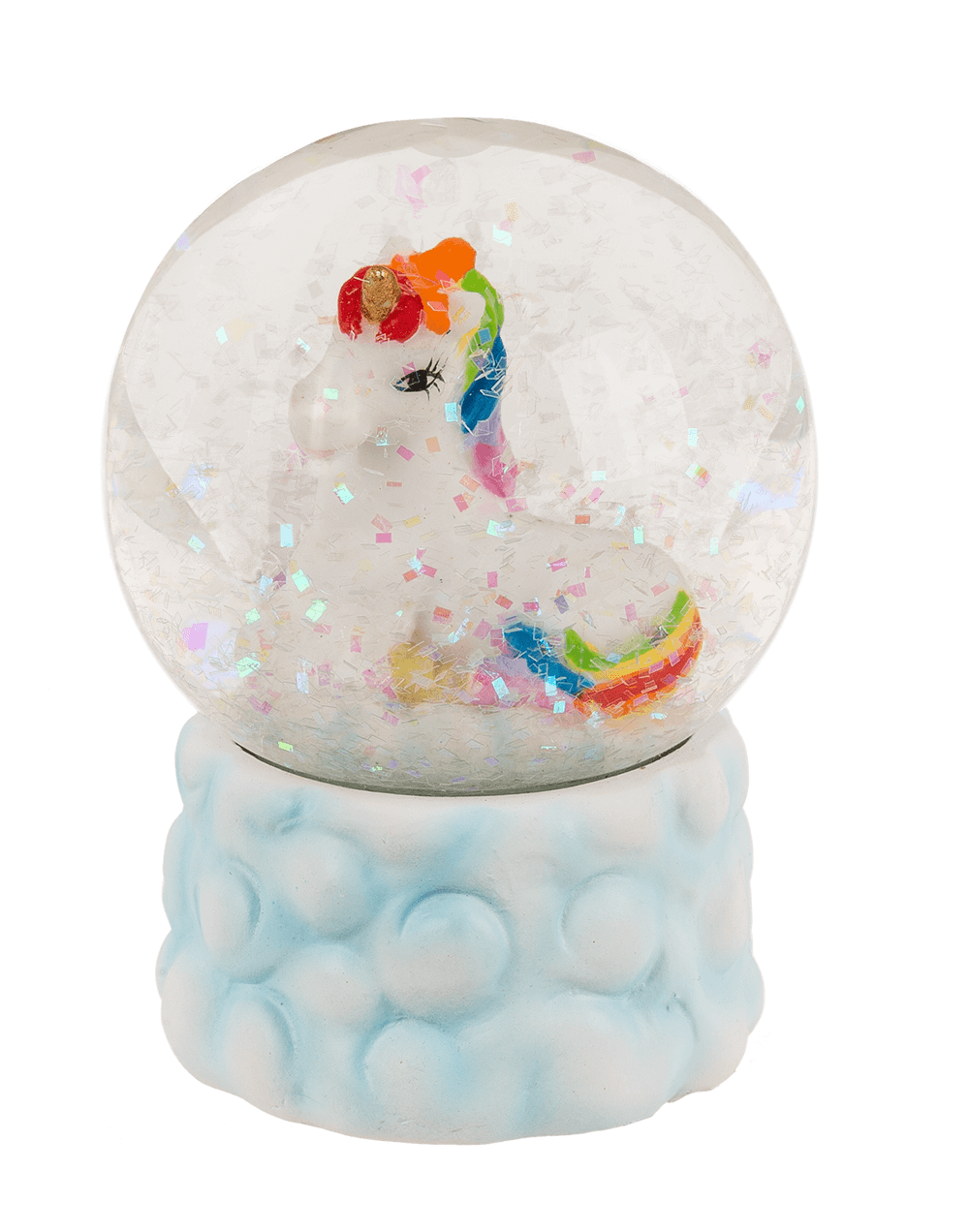 Polyresin glitter globe, unicorn on cloud,