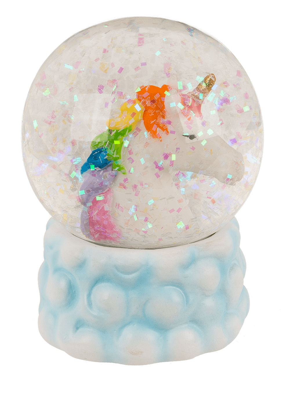 Polyresin glitter globe, unicorn on cloud,