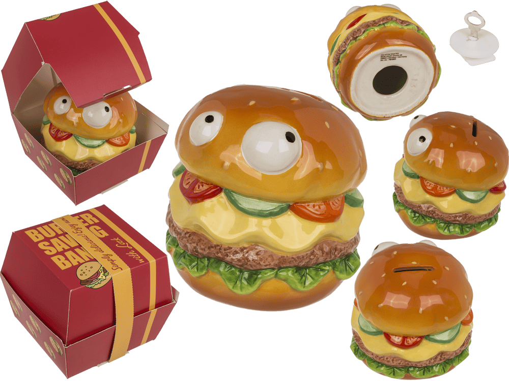 Savings bank with lock, Burger with eyes in box,
