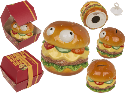 Savings bank with lock, Burger with eyes in box,