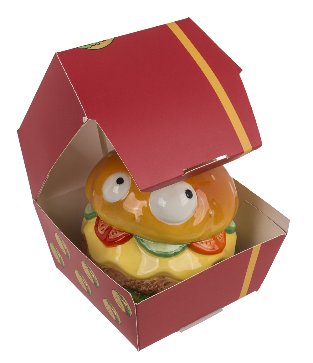 Savings bank with lock, Burger with eyes in box,