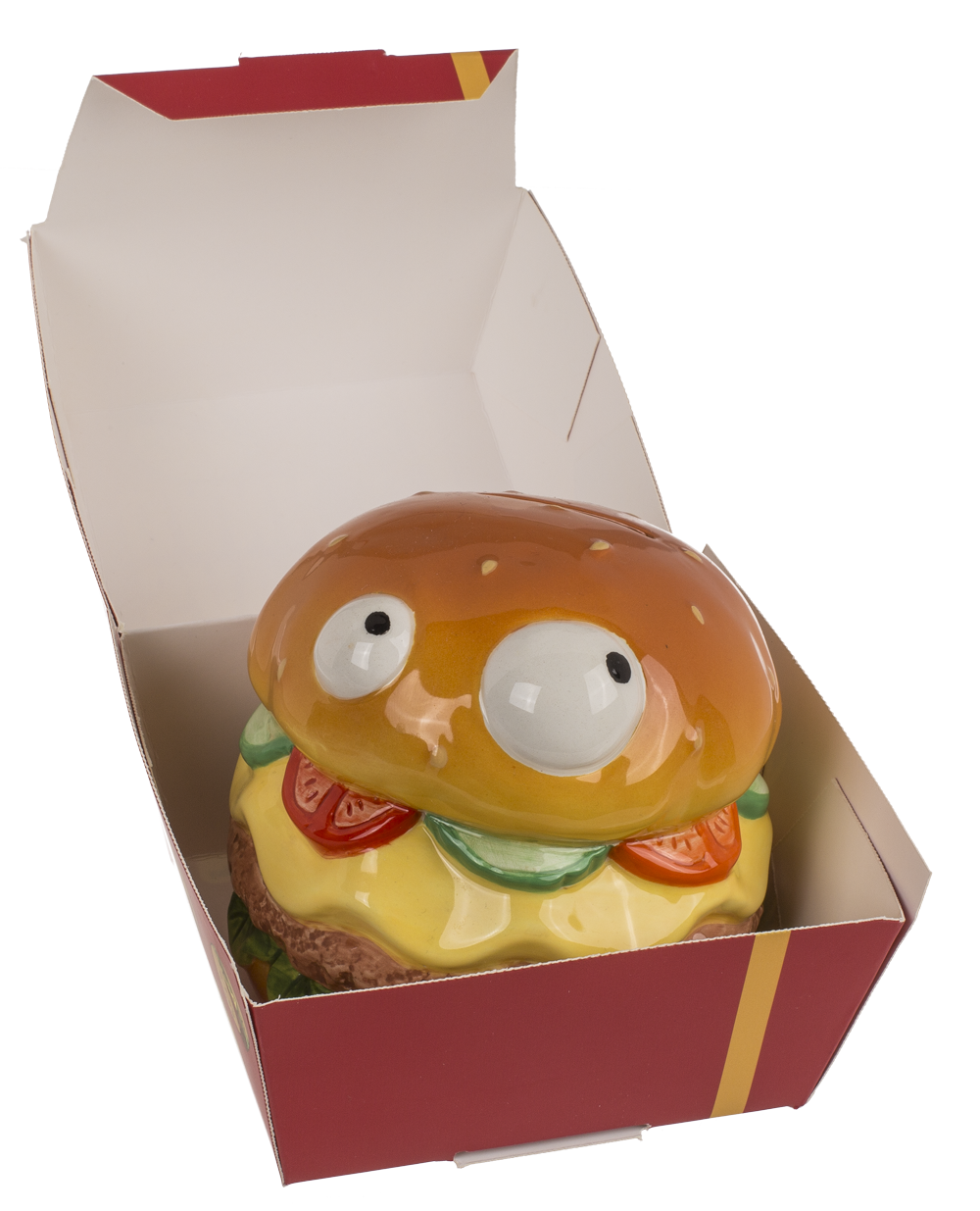 Savings bank with lock, Burger with eyes in box,