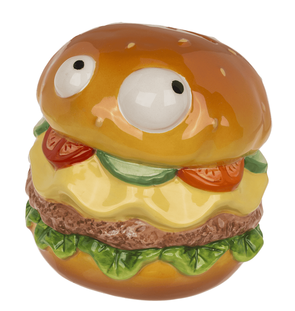 Savings bank with lock, Burger with eyes in box,
