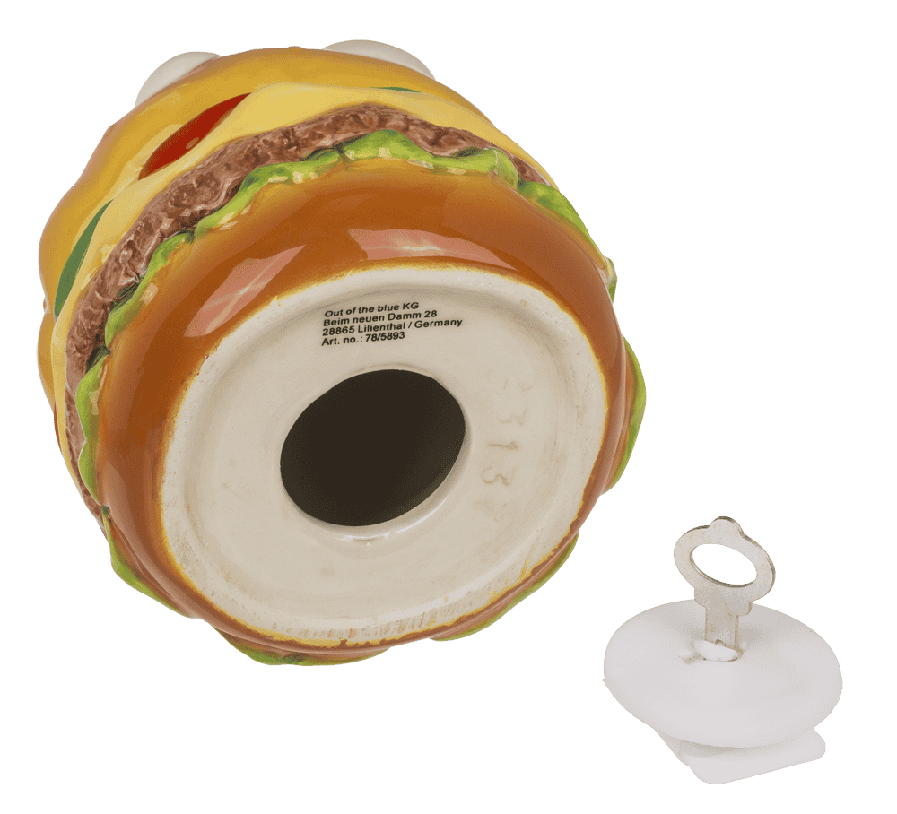 Savings bank with lock, Burger with eyes in box,