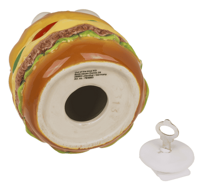 Savings bank with lock, Burger with eyes in box,