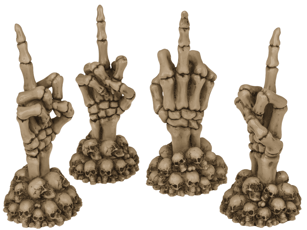 Skeleton Hand, Fuck Off, on skull base,