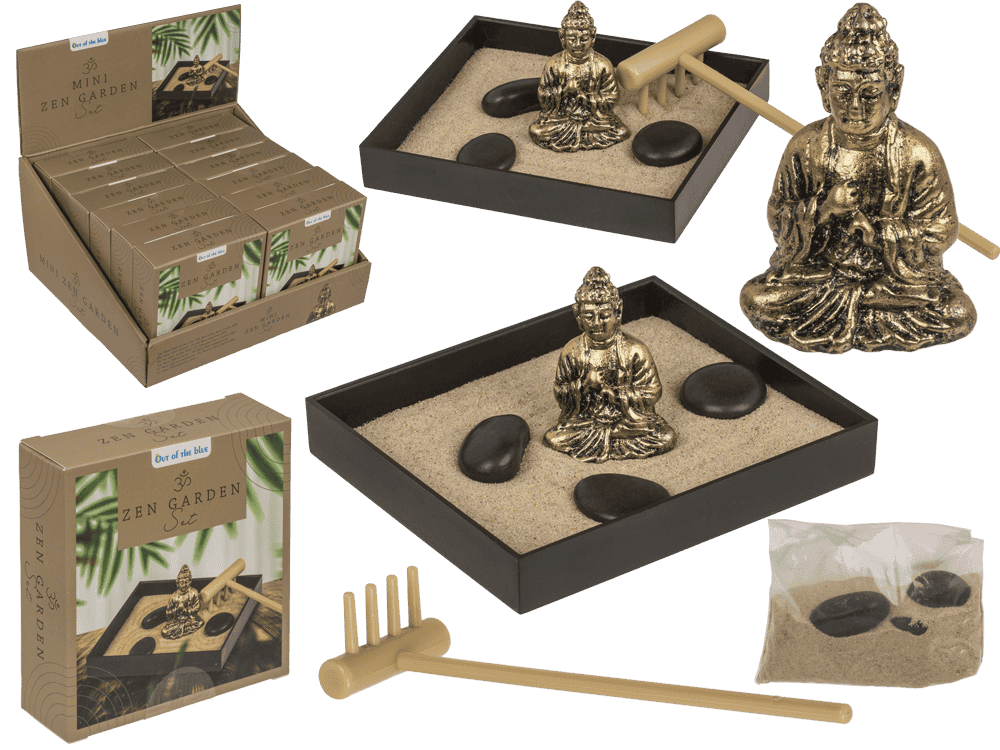 78-6203_000.png Mini ZEN tuinset met plastic kom, Boeddha figuur, stenen, zand en hark in kleurdoos, 12 stuks per display.