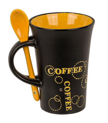 Black Ceramic Mug with spoon, Coffee,